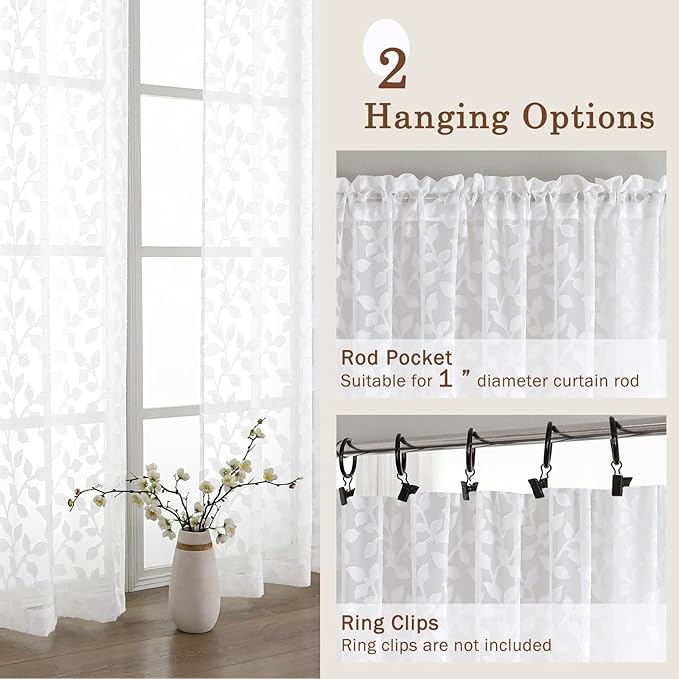 Chyhomenyc White Sheer Curtains 96 Inch Length 2 Panels Set, Light Filtering Tufted Textured Soft Airy Rod Pocket Gentle Leaf Window Treatment Drapes for Bedroom Living Room, 42" Wx96 L, 2PCS