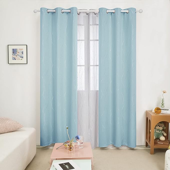 Deconovo Blackout Curtains, Thermal Insulated Soundproof Grommet Drapes, Wave Dot Foil Print, 42 x 84 Inch, Set of 2, Machine Washable Window Panel for Bedroom Living Room Nursery Kitchen, Light Blue