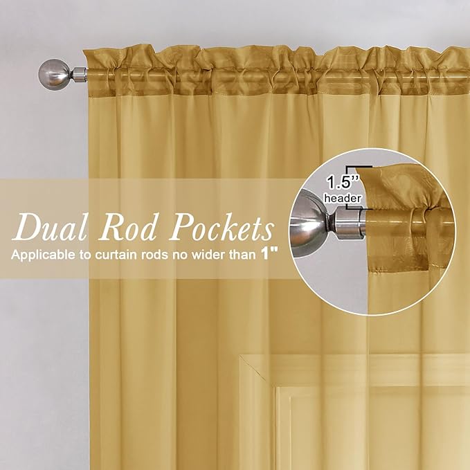 Lecloud Gold Sheer Curtains 54 Inch Length 2 Panels, Light Filtering Voile Curtain Drapes for Bedroom Windows, Dual Rod Pocket Living Room Sheer Curtains, 40 W x 54 L Inches, Gold