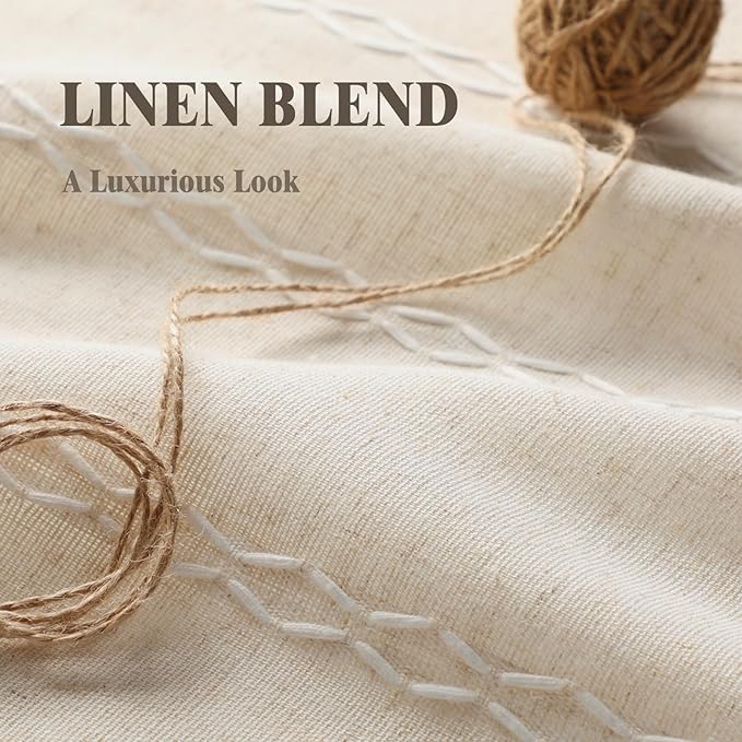 Boho Blackout Curtains 96 Inches Long Beige Linen Blend 2 Panels with Tassels and Cotton Embroidery, Farmhouse Vintage Rustic Rod Pocket Drapes for Living Room or Bedroom