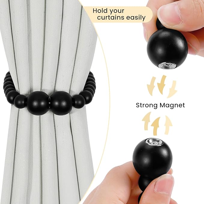 Magnetic Curtain Tiebacks, 4 Pack Curtain Holdbacks for Draperies, Wood Bead Curtain Tiebacks, Elegant Curtain Tie Backs for Bedroom Decor, Boho Room Decor, Nursery Decor, Farmhouse Decor
