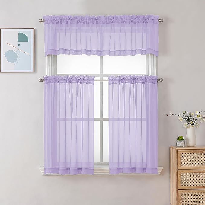 Gwine Lilac Sheer Curtains 30 Inch Length, Short Light Filtering Voile Small Cafe Kitchen Curtains with Rod Pocket, Short Curtain for Bathroom Window, 42x30 Inch, 2PCS