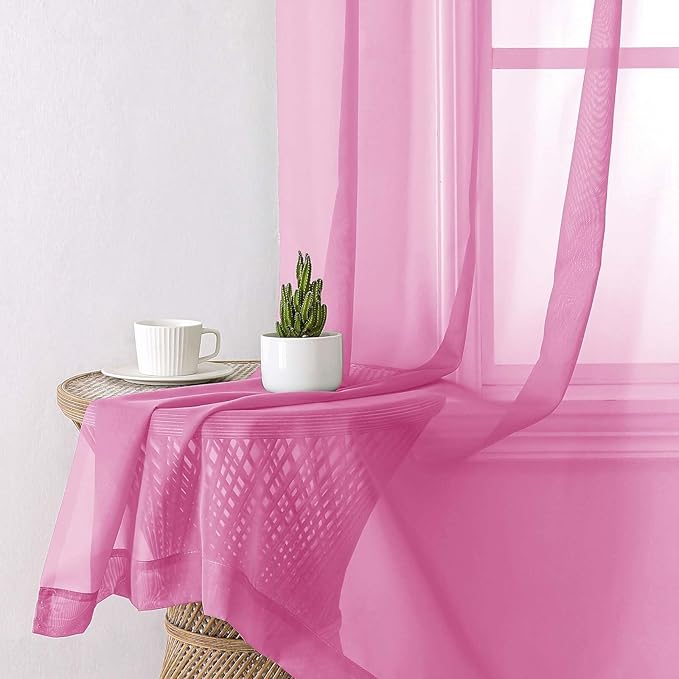 Lecloud Hot Pink Sheer Curtains 63 Inch Length 2 Pcs, Solid Voile Long Light Filtering Curtains for Living Room, Dual Rod Pocket Home Decor Drapes for Bedroom Dining Room, Each Panel 42" W x 63" L