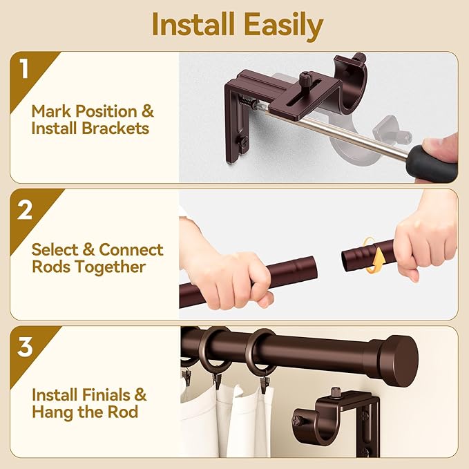 YaFex Curtain Rods 2 Pack 32-118 Inch, Heavy Duty 1 Inch Curtain Rod, Bronze Long Adjustable Window Treatment Rods,Modern Design, Easy Installation