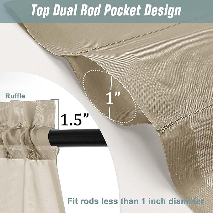 Taupe Window Sheer Curtains 45 Inches Length, Voile Short Curtains for Living Room Bedroom, Modern Soft Window Drapes 2 Panels Set, Top Dual Rod Pocket Design, 2x42Wx45L Inches