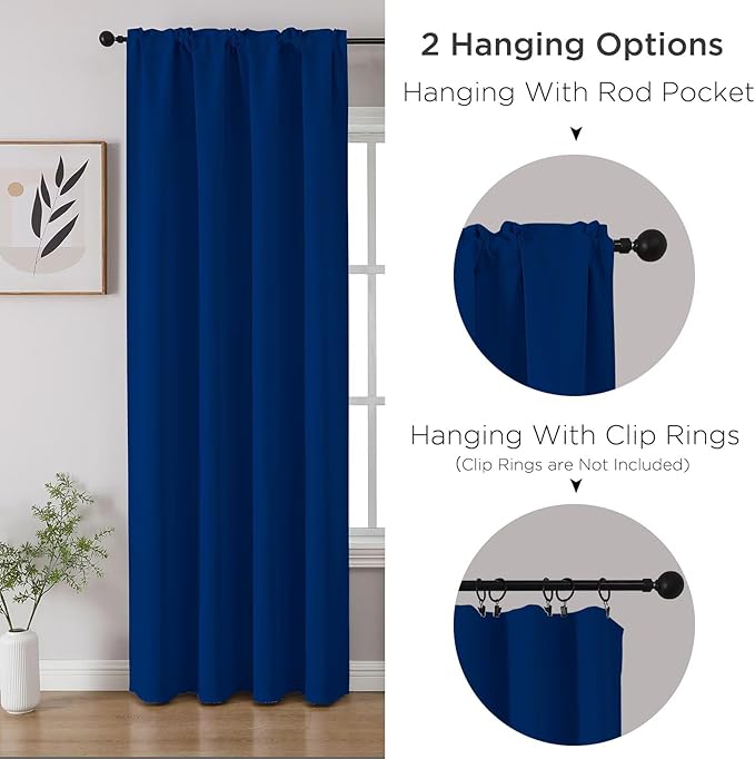 CUCRAF Royal Blue Blackout Curtains 96 inch Length 2 Panels Set, Rod Pocket Room Darkening Drapes for Bedroom Living Room, Insulated Thermal Light Blocking Window Curtain (W52 x L96 Inch)