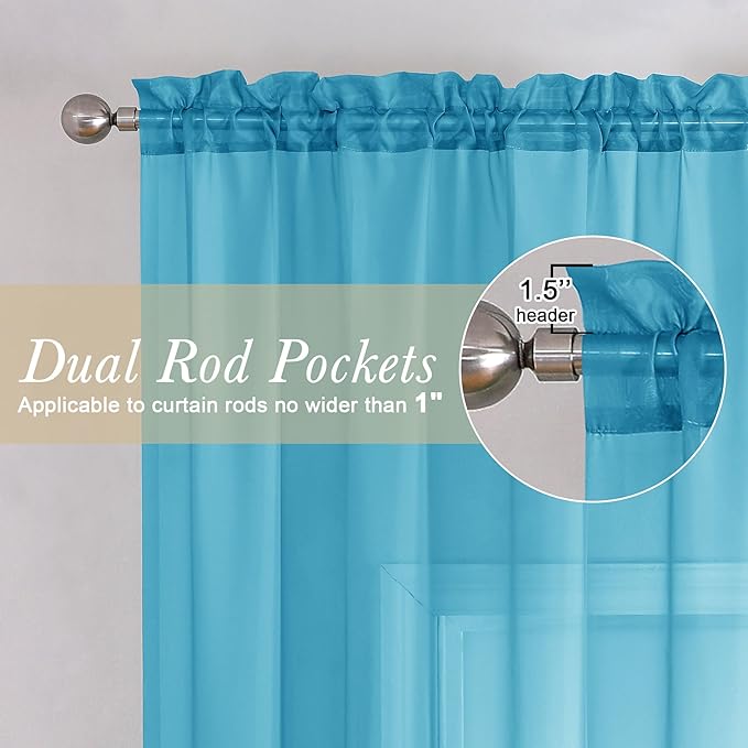 Lecloud Turquoise Sheer Curtains 96 Inches Long 2 Panels, Elegant Gauzy Airy Light Filtering Curtain, Voile Home Decor Drapes with Dual Rod Pocket for Bedroom Living Room, Each 42" W x 96" L