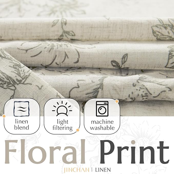 jinchan Lined Linen Blend Curtain Floral Curtains for Living Room 96 Inches Long Grey Peony Flower Printed Curtain Back Tab Farmhouse Patterned Drapes Bedroom Window Curtains Set 2 Panels