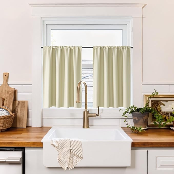 RYB HOME 100% Blackout Short Curtains for Small Window, Thermal Insulated Total Room Darkening Noise Reducing Curtains for Basement Bathroom RV Cars, 29 inches Wide by 24 inches Long, Beige