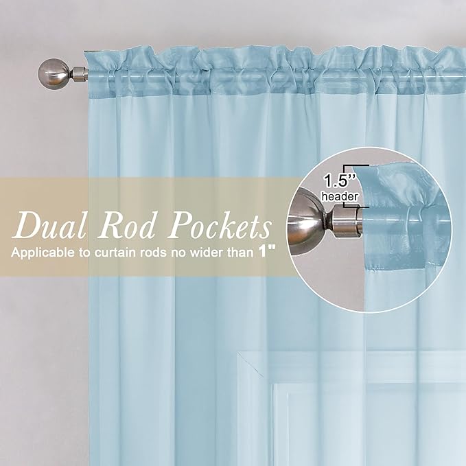 Lecloud Sky Blue Sheer Curtains 90 Inches Long 2 Panels, Light Filtering Voile Solid Airy Curtains, Transparent Farmhouse Decor with Dual Rod Pocket for Living Room Bedroom, Each 42" W x 90" L