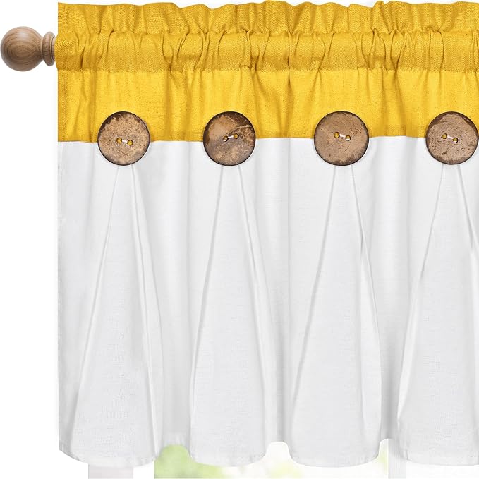 FRAMICS Farmhouse Valance Curtains, Boho Cotton Linen Kitchen Valance, Yellow Rustic Button Window Valances for Kitchen Bathroom, Rod Pocket Valances for Windows, Yellow and White, 52 x 18 Inch