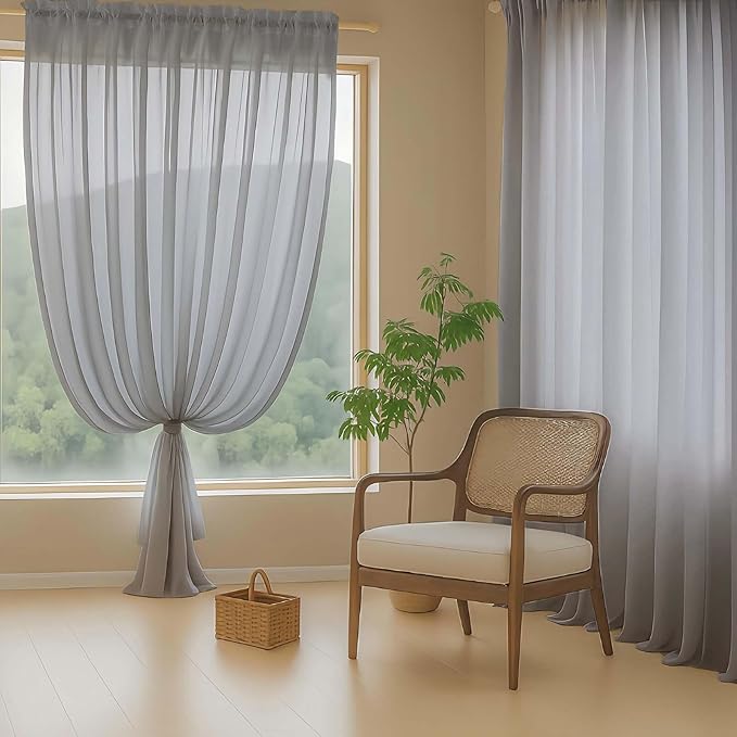Grey Sheer Curtains 84 Inches Long 2 Panels, Elegant Airy Transparent Light Filtering Window Curtains, Window Drapes for Living Room Bedroom, Dual Rod Pocket, Charcoal Grey, 2x42Wx84L Inches