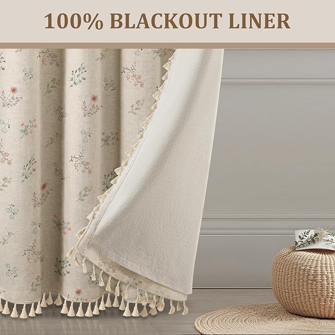 Farmhouse Floral Curtains 96 Inches Long 100% Blackout Living Room Drapes, Linen Blend Bohemian Window Curtain Panels with Tassel Bedroom 2 Panels Thermal Insulated Room Darkening