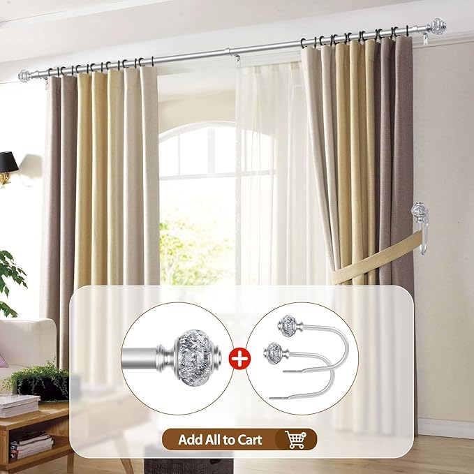 Silver Curtain Rods for Windows 48 to 84 Inch, USFOOK 7/8 inch Telescoping Splicing Drapery Rods 32 to 86 Inch, Window Rod for Curtains with Decorative Translucent Finials