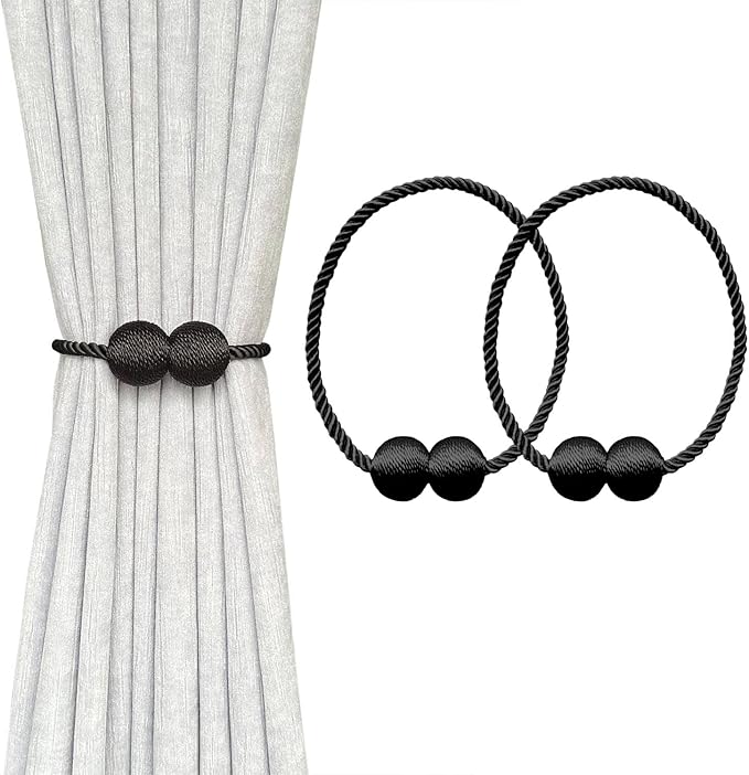 MELALUXE 2 Pack Magnetic Curtain Tiebacks, Decorative Curtain Holdbacks for Window Décor (Black)