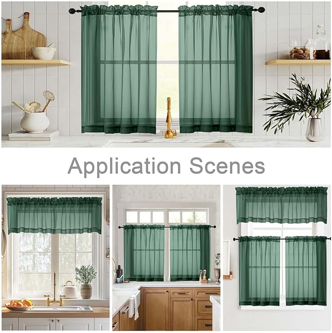 Hunter Green Valances for Windows, Sheer Curtains 14 Inch Length 2 Pack Kitchen Curtain, Modern Solid Mini Small Window Curtains for Cafe Bathroom Basement, Hunter Green, Each 42"Wx14"L Inch