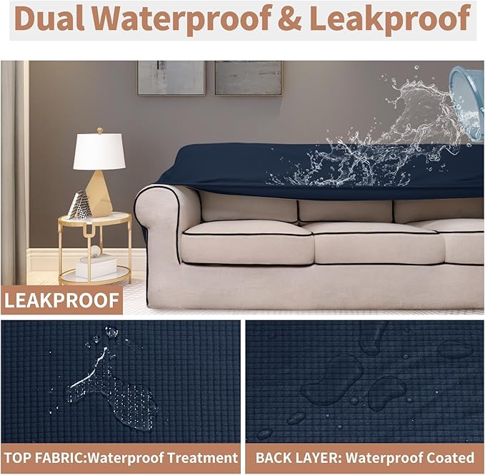 Easy-Going 100% Waterproof Couch Cover, Dual Waterproof Sofa Cover, Stretch Jacquard Sofa Slipcover, Leakproof Furniture Protector for Kids, Pets, Dog and Cat (Oversized Sofa, Dark Blue)