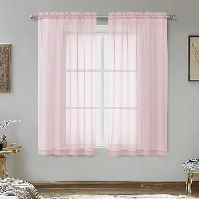 OVZME Blush Pink Sheer Curtains 45 Inches Long 2 Panels - Soft Light Filtering Window Sheer Panels for Living Room/Bedroom, Top Dual Rod Pocket, 1 Pair, Each 42Wx45L Inches