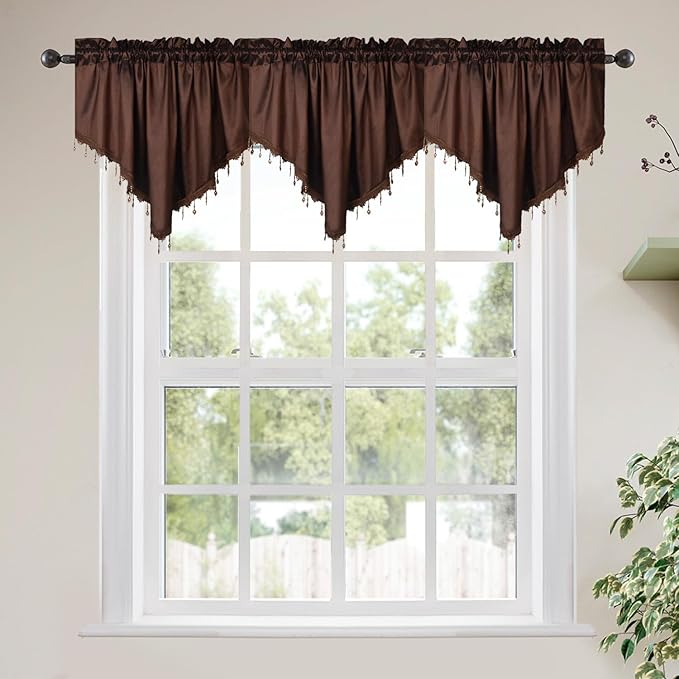 Molaxhome Swag Curtain 51 inch Length Rod Pocket Scalloped Curtain Valance Sheer Lace Panels with Hanging Crystal Beads for Kitchen Bedroom Window Treatments Drape Decor 1pc (Cloth Coffee, 51Wx23L)