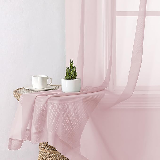Lecloud Blush Pink Sheer Curtains 96 Inches Long 2 Panels, Modern Airy Voile Solid Curtains, Transparent Aesthetic Windows Decor Drape with Rod Pocket for Bedroom Living Room, Each 42" W x 96" L