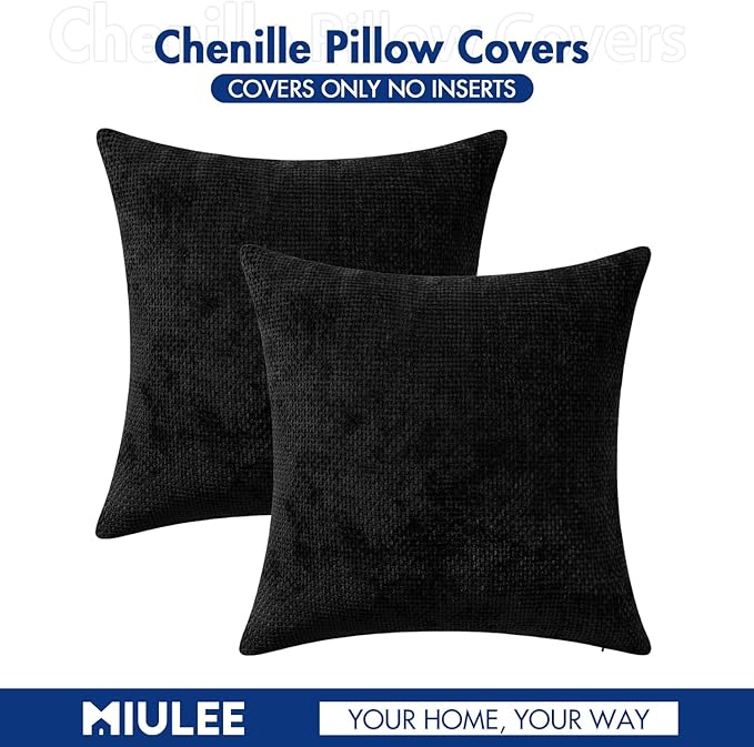 MIULEE Pack of 2 Couch Throw Pillow Covers 18x18 Inch Black Modern Boho Accent Decorative Pillow Covers Soft Chenille Farmhouse Cushion Covers for Home Decor Bed Sofa Living Room