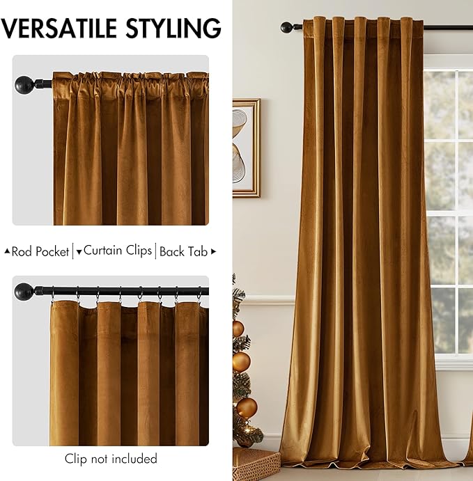 MIULEE Velvet Curtains 108 inches - Luxury Blackout Curtains for Bedroom Living Room Thermal Insulated Super Soft Window Drapes Rod Pocket & Back Tab, Gold Brown, W52 x L108 inches, 2 Panels