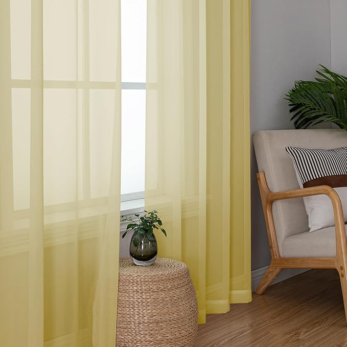 Simplebrand Yellow Sheer Curtains 84 Inches Long, Light Filtering Rod Pocket Solid Color Window Sheer Curtain Panels, Elegant Curtains & Drapes for Living Room, Bedroom 2 Panels (42" W x 84" L)