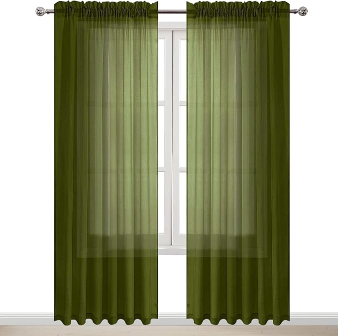 DWCN Olive Green Sheer Curtains Semi Transparent Voile Rod Pocket Curtains for Bedroom and Living Room, 70 x 96 inches Long, Set of 2 Panels