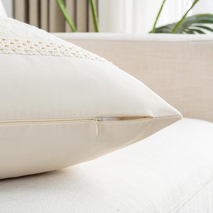 Fancy Homi Set of 1 Boho Cream Decorative Throw Pillow Cover 20x20 Inch for Couch Bed Sofa, Aesthetic Modern Organic Farmhouse Home Decor, Soft Cotton Cute Accent Macrame Woven Cushion Case