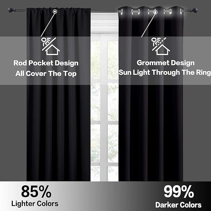 RYB HOME Short Blackout Curtains for Small Window, Sunmmer Heat Light Blocking Privacy Protection Curtains for Sunroom Laundry Room Stair Window, Width 52 by Length 36, Black, Set of 2