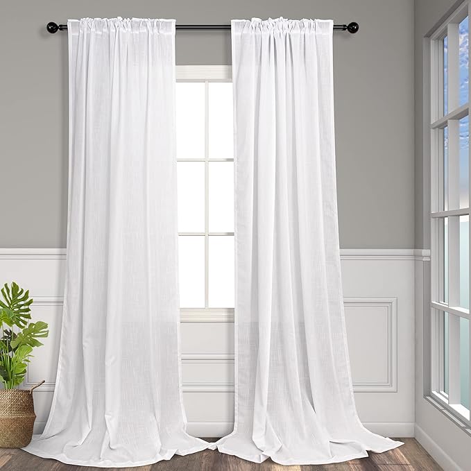Linen White Curtains 98 Inches Long for Living Room Bedroom Modern Farmhouse Boho Back Tab Pocket Pleated Semi Sheer White Drapes Privacy Light Filtering Curtain 98 Inch Length for Nursery Laundry