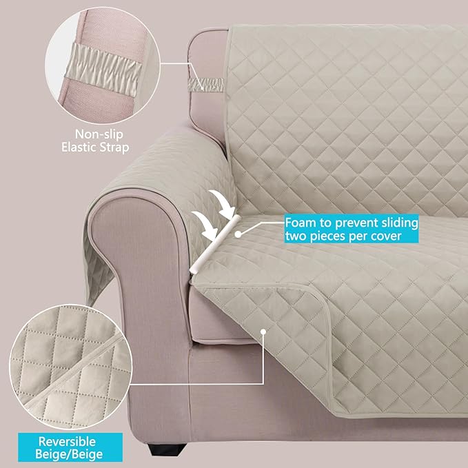 U-NICE HOME Large Sofa Cover Reversible Couch Cover for Dogs with Elastic Straps Water Resistant Furniture Protector for Pets Couch Cover for 4 Cushion Couch (Oversized Sofa, Beige/Beige)