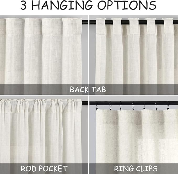 Nanspring Light Filtering Linen Curtains 72 inches Long for Bedroom/Living Room Linen Textured Semi Sheer Back Tab and Rod Pocket Boho Curtains for Small Window Cream 34 x 72 Inch,2 Panels