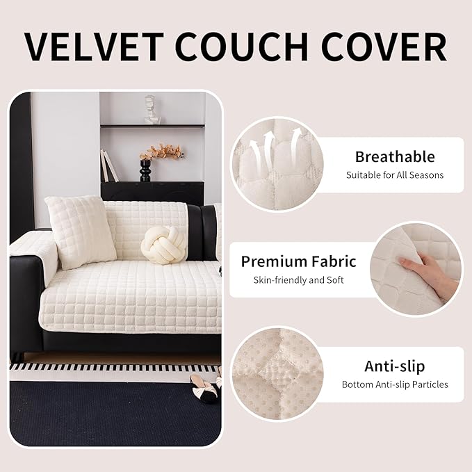 Velvet Couch Cover, Washable Sectional Sofa Cover, Anti Slip Sofa Slipcovers for 3 Cushion Couch Sofa L Shaped Recliner, Furniture Protector Covers for Pets Kids(White, Only 1 PCS)