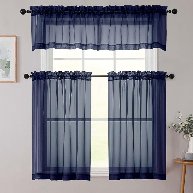 Cafe Curtains 36 Inch Length Tier 2 Pieces, Modern Soft Airy Sheer Kitchen Short Curtains for Small Window, Rod Pocket Small Curtain for Bathroom Basement, Navy Blue, Each, 42"Wx36"L Inches