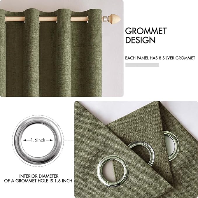 MIULEE Linen Texture Curtains for Bedroom Solid 100% Blackout Thermal Insulated Light Olive Green Curtains Grommet Room Darkening Drapes for Living Room Nursery 52x108 Inch (2 Panels)