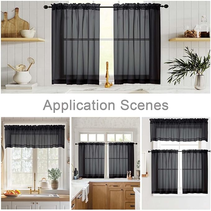 Black Kitchen Curtains 30 Inch Length Tier 2 PCS, Solid Soft Airy Half Curtains for Windows, Black Sheer Rod Pocket Drapes for Bathroom Basement Small Window, 42" Wx30 L Inches
