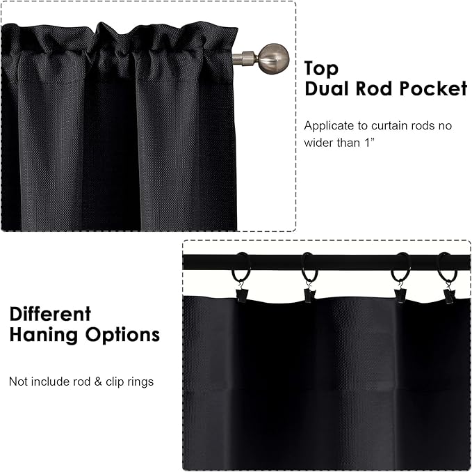 OWENIE Bob 1 PCS Black Valances for Windows, Faux Linen Textured Kitchen Window Curtains Valance for Bedroom Living Room, Modern Soft Airy Solid Rod Pocket Bathroom Cafe Curtain, 60Wx12L Inch