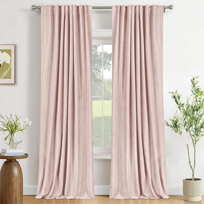 100% Blackout Shield Light Pink Linen Blackout Curtains for Bedroom 96 Inches Long, Back Tab/Rod Pocket Living Room Drapes, Thermal Insulated Blackout Curtains 2 Panels Set, 50" W x 96" L
