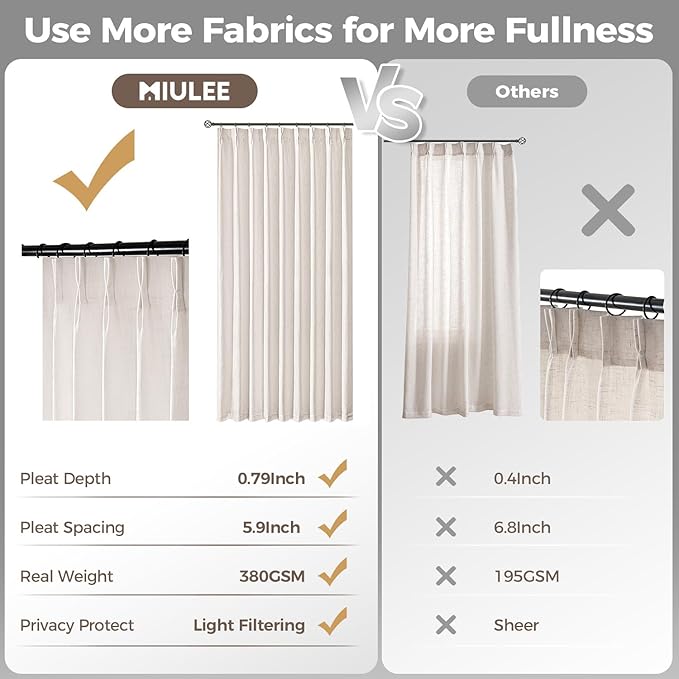MIULEE 102 Inches Long Pinch Pleated Thick Linen Curtains 2 Panels for Living Room Bedroom, Memory Trained Linen Textured Drapes Pleat Back Tab Light Filtering Boho Natural Window Curtains with Hooks