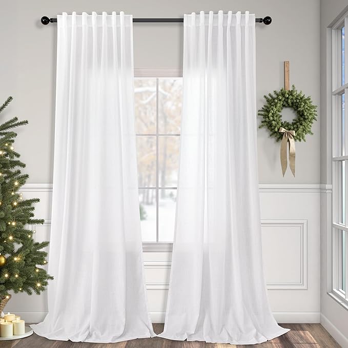 Linen White Curtains 98 Inches Long for Living Room Bedroom Modern Farmhouse Boho Back Tab Pocket Pleated Semi Sheer White Drapes Privacy Light Filtering Curtain 98 Inch Length for Nursery Laundry