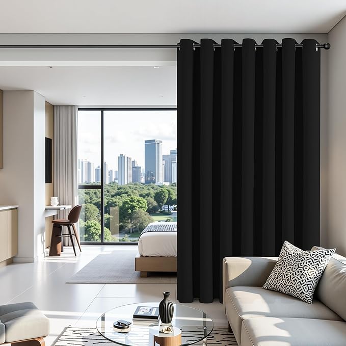 Joydeco Blackout Patio Sliding Door Curtains 90 Inches Long, Grommet Privacy Room Divider Curtains, Extra Wide Thermal Blackout Drapes for Bedroom Living Room (Black, 60Wx90L, 1 Panel)