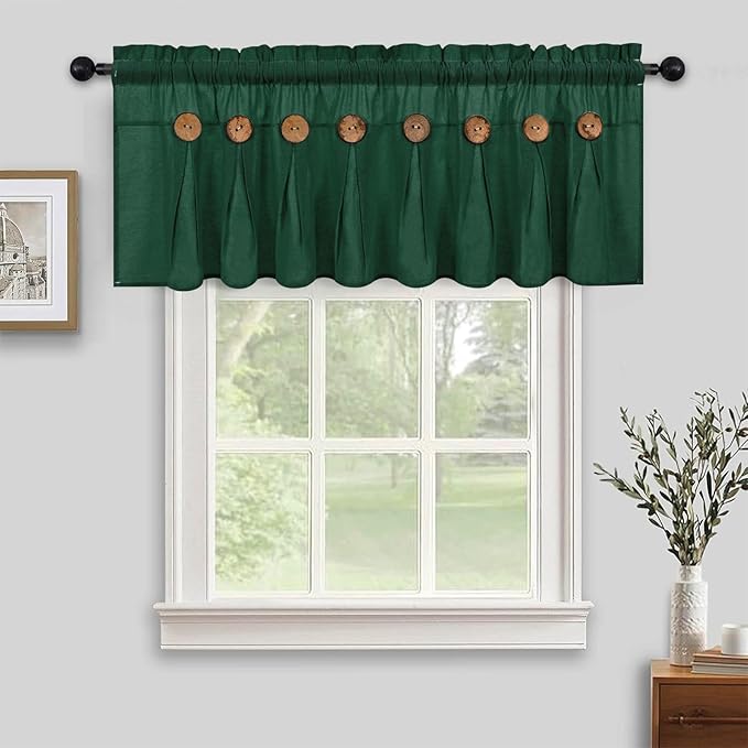 FRAMICS Farmhouse Valance Curtains, Boho Cotton Linen Kitchen Valance, Green Rustic Button Window Valances for Kitchen Bathroom, Country Rod Pocket Valances for Windows Christmas, Green, 52 x 18 Inch