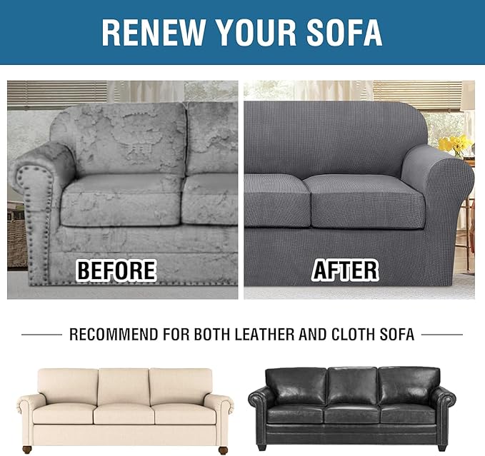 H.VERSAILTEX 4 Piece Stretch Sofa Covers for 3 Cushion Couch Covers for Living Room Furniture Slipcovers (Base Cover Plus 3 Seat Cushion Covers) Thicker Jacquard Fabric (Large Sofa, Grey)