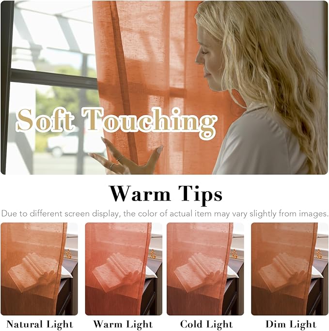 H.VERSAILTEX Linen Curtains Natural Linen Blended Curtain Panels for Living Room/Light Reducing Linen Semi Sheer Curtains 2 Panels Set Nickel Grommet Window Panels (52x72 Inch, Orange)