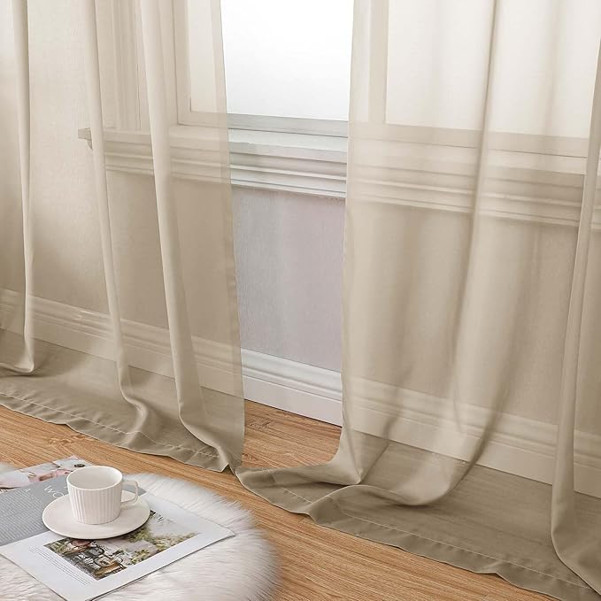 Extra Long Sheer Taupe Curtains for Bedroom Living Room 108 Inches Long 2 Panels Set, Solid Soft Light Filtering Rod Pocket Sheer Window Curtains, Taupe, Each 42" Wx108 L Inch