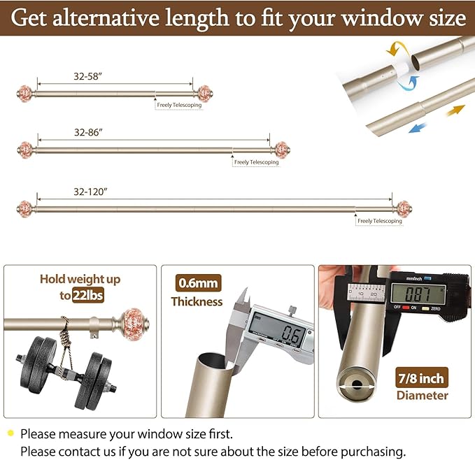 Curtain Rods for Windows 48 to 84 Inch, USFOOK 7/8 Inch Rose Gold Curtain Rod 32 to 86 Inch, Telescoping Splicing Drapery Rods with Decorative Translucent Finials