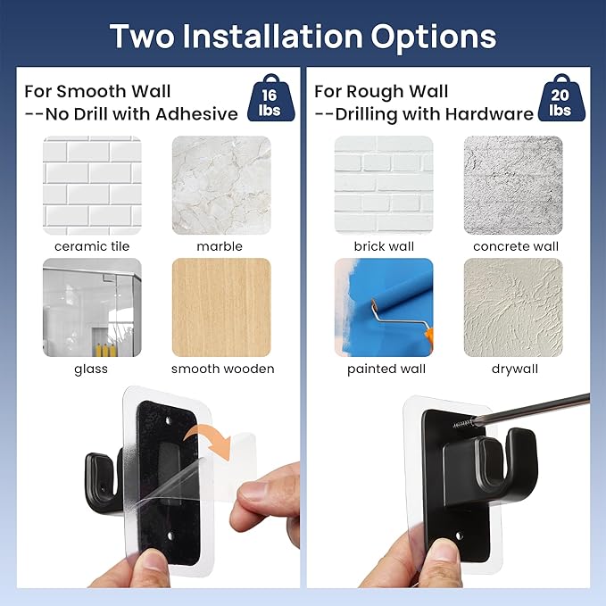 ENJOYBASICS No Drill Curtain Rods for Window 48 to 84 Inches, 5/8 Inch Diameter Renter Friendly Drapery Rod with Adhesive Brackets without Drilling, Adjustable from 27 to 90 Inches, Black
