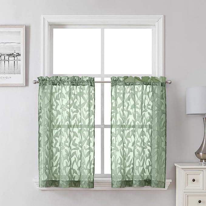 Lecloud Leia Sage Green Sheer Kitchen Curtains 30 Inch Length 2 Pcs, Jacquard Leaf Textured Voile Short Curtains with Dual Rod Pocket, Farmhouse Bedroom Living Room Tiers, Each Panel 28" W x 30" L
