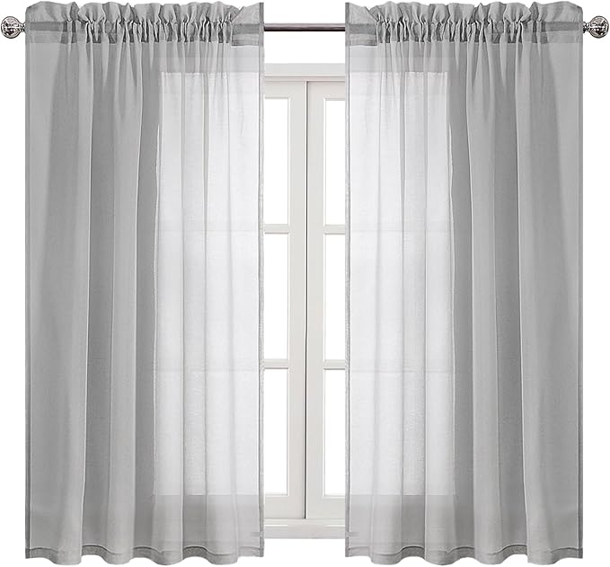 DWCN Grey Sheer Curtains Semi Transparent Voile Rod Pocket Curtains for Bedroom and Living Room, 52 x 54 inches Long, Set of 2 Panels